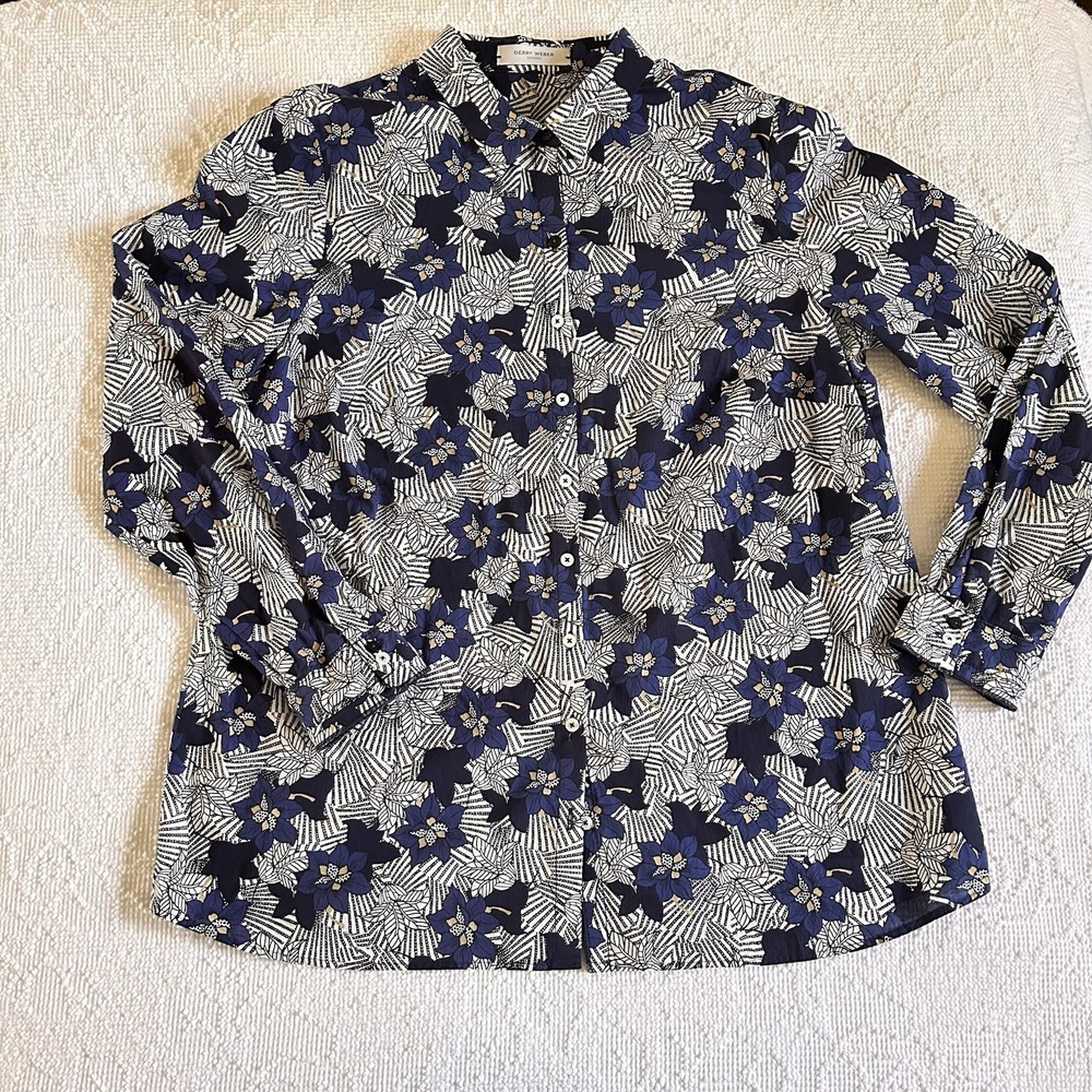 Gerry Weber Edition Navy Floral Geometric‎ Cotton Button Down Blouse Size US 14